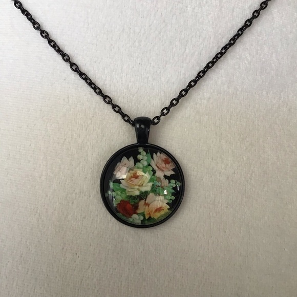 LAST 1! Black Floral Cabochon Pendant Necklace Romantic Cottagecore 18” Rose NEW - Picture 6 of 10